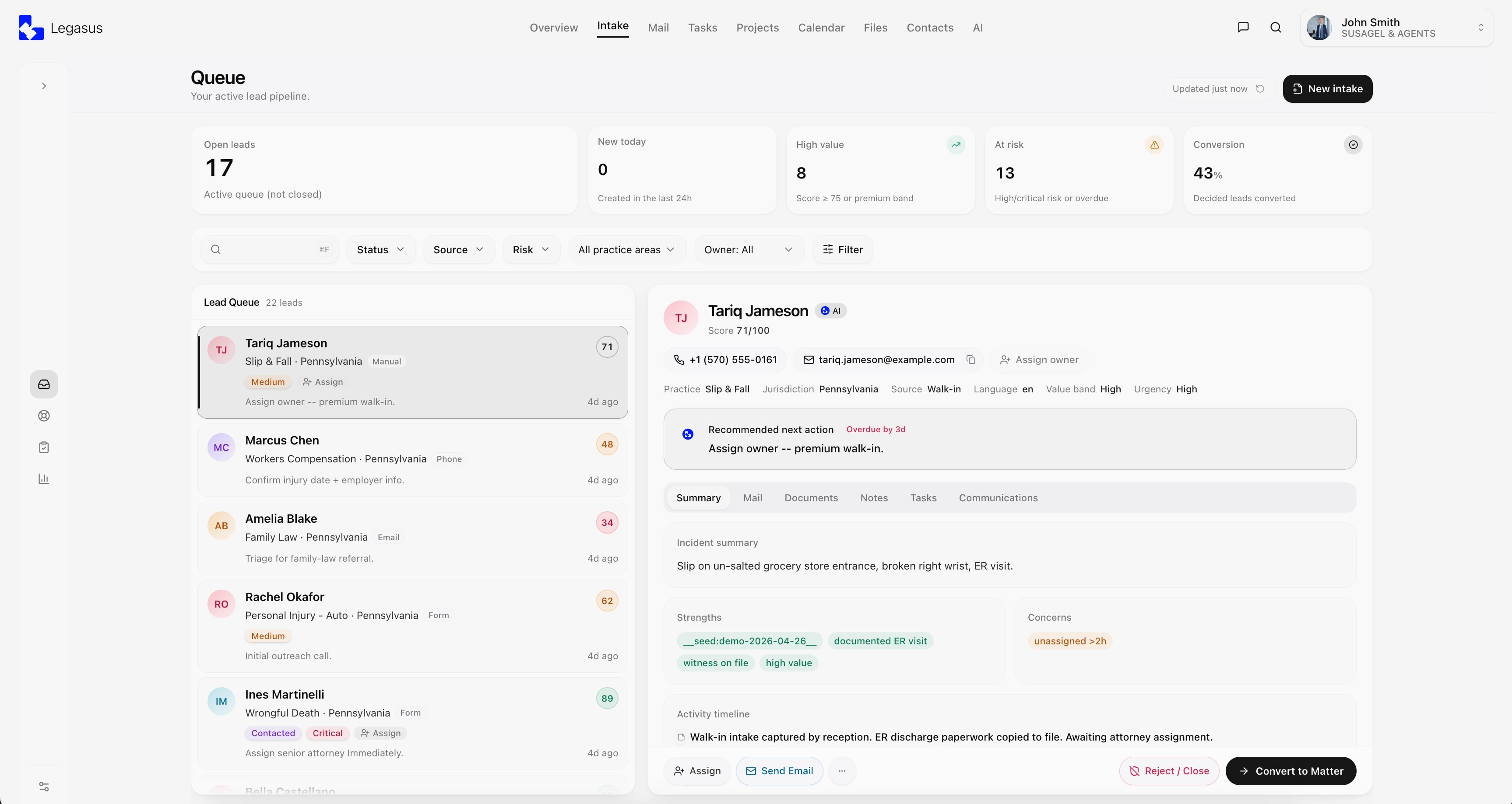Legasus lead management dashboard — unified queue of phone, email, and web leads with AI scores and routing